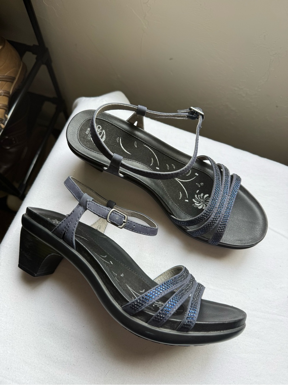 ABEO Grace Neutral sandals, blue rhinestone-embellished strap, mid-block heel. 9